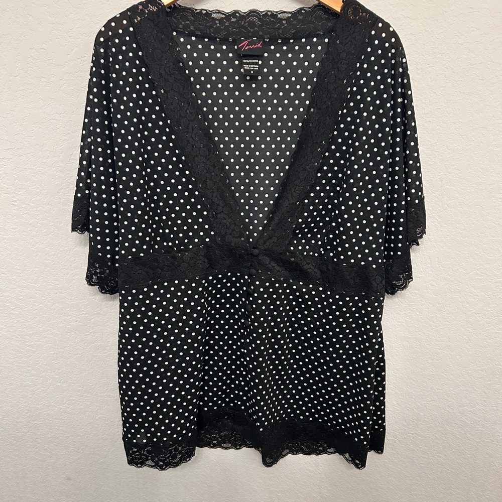 Torrid Black and White Polka Dot Lace Trim Top